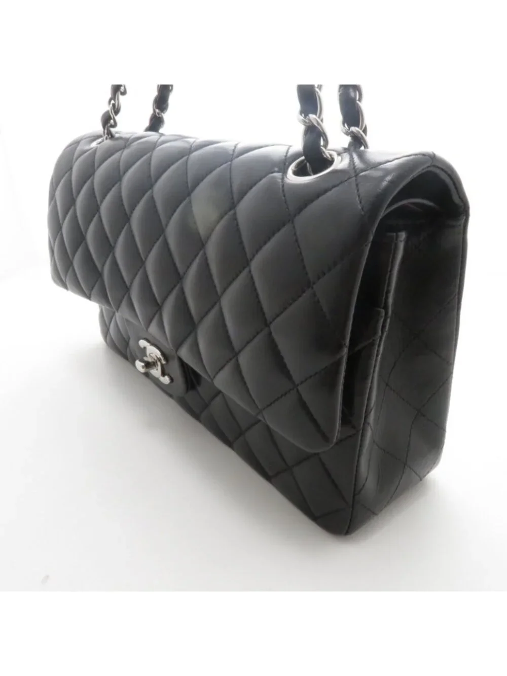 Chanel Quilted Double Flap 25 Chain Shoulder Bag Black Silver Lambskin